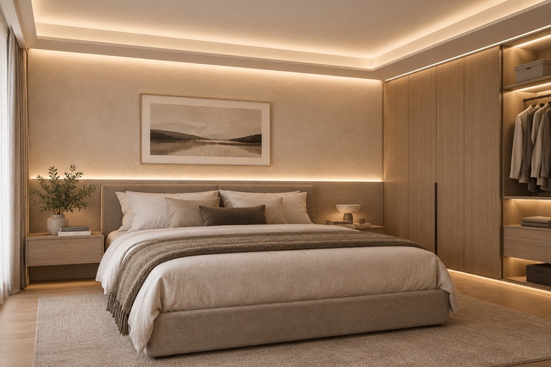 Bedroom with 4000K natural white LED strip lighting