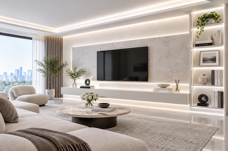 Living room with 6500K cool white LED strip lighting