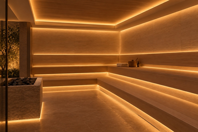 Traditional wooden sauna with warm ambient lighting