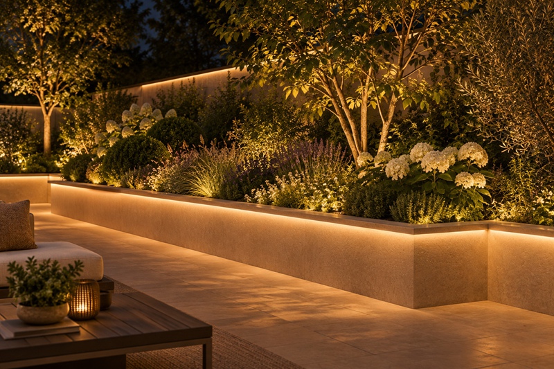 Outdoor garden flower bed with linear LED strip lighting