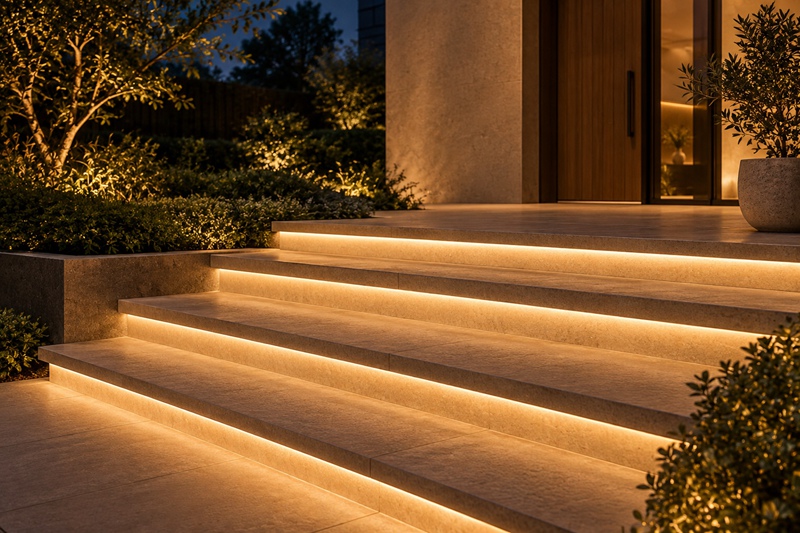 Outdoor steps with linear LED strip lighting