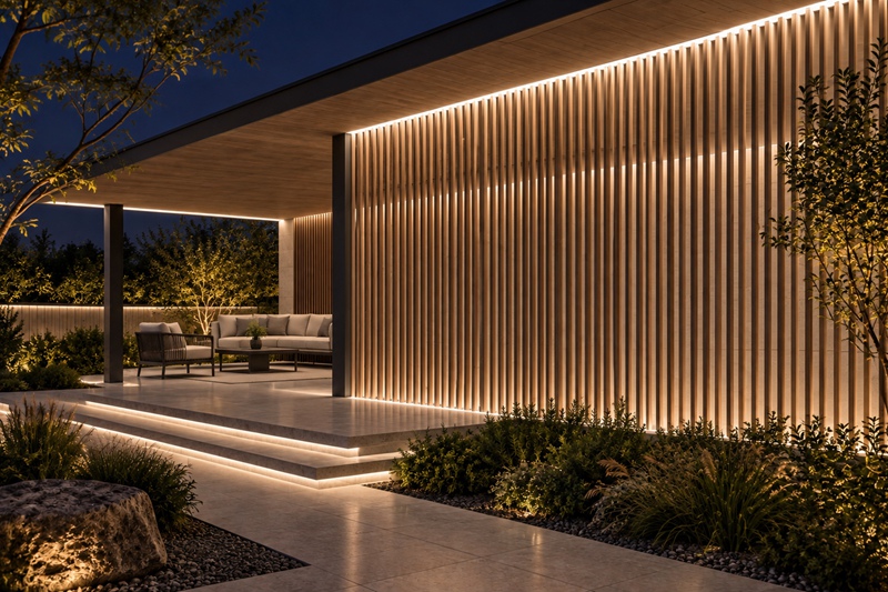Outdoor wall and pergola with white LED lighting
