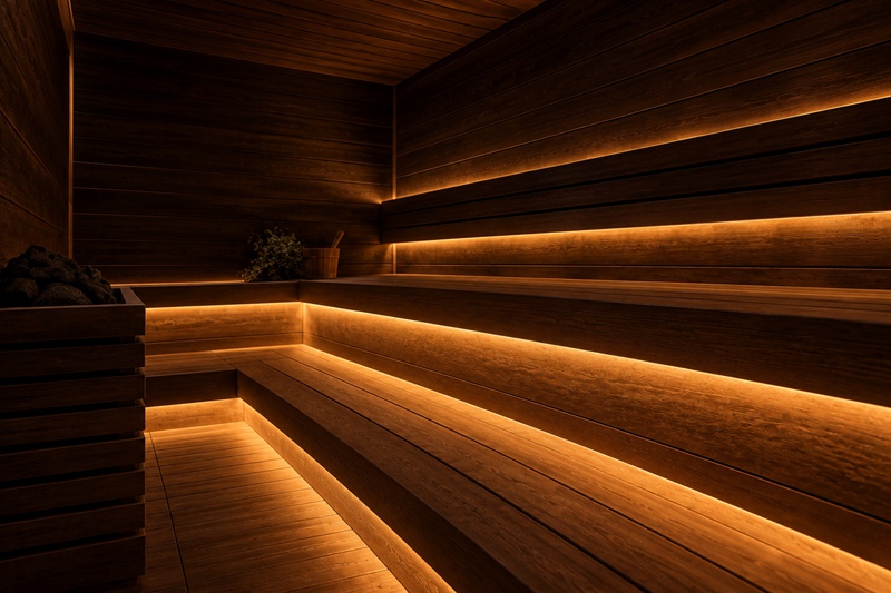 Modern spa sauna with warm ambient lighting