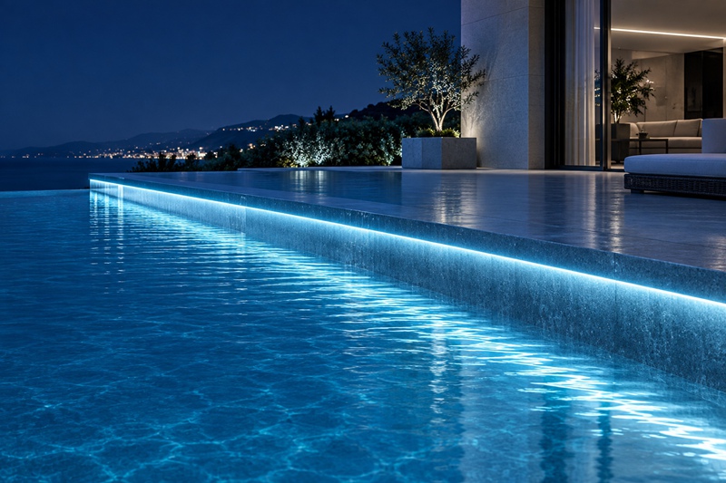 Infinity pool with cool white linear LED strip lighting