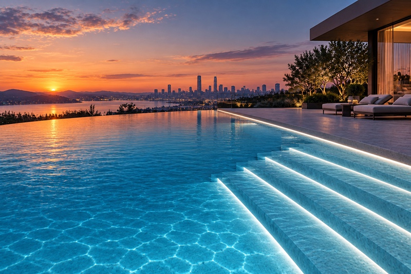 Swimming pool at dusk with natural white linear LED strip lighting