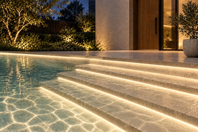 Swimming pool underwater steps with warm white linear LED strip lighting